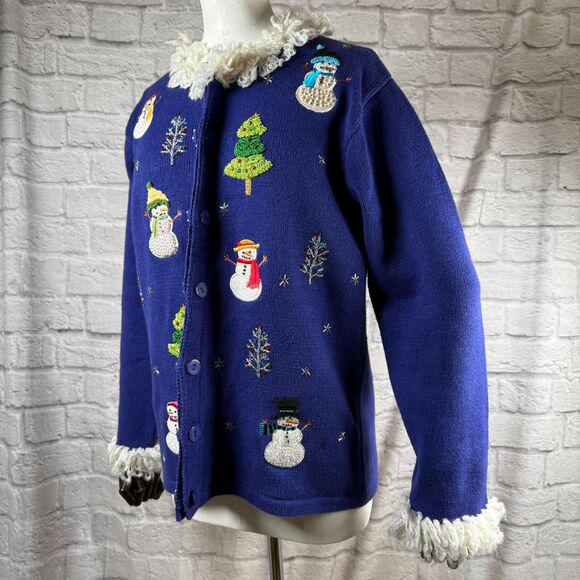 VTG Storybook Knits Snowman Wonderland Christmas Sweater Women's Small Cardigan - Picture 11 of 15